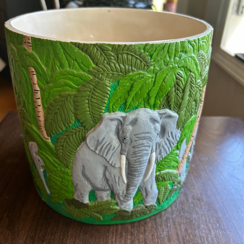 Vintage Majolica Style Elephant Planter trash bin Jungle Safari Ceramic 70’s MCM